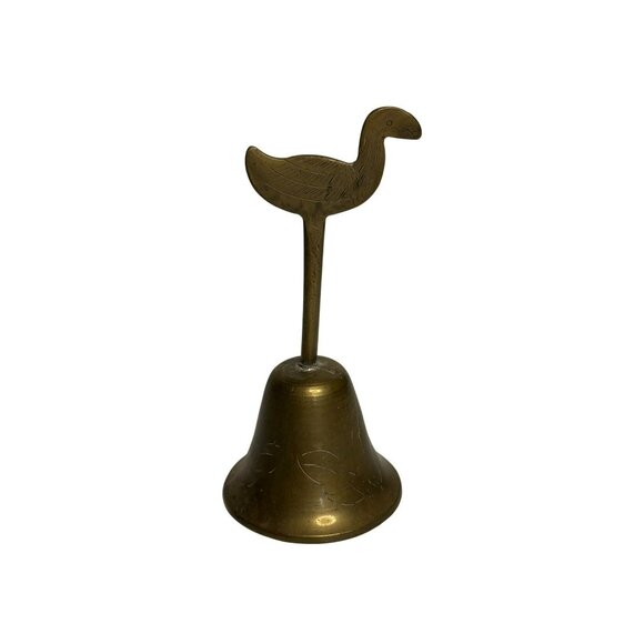 VTG Solid Brass Hand Bell – Flamingo Handle, Ornate Engraved Design, 5" Tall - Picture 1 of 5